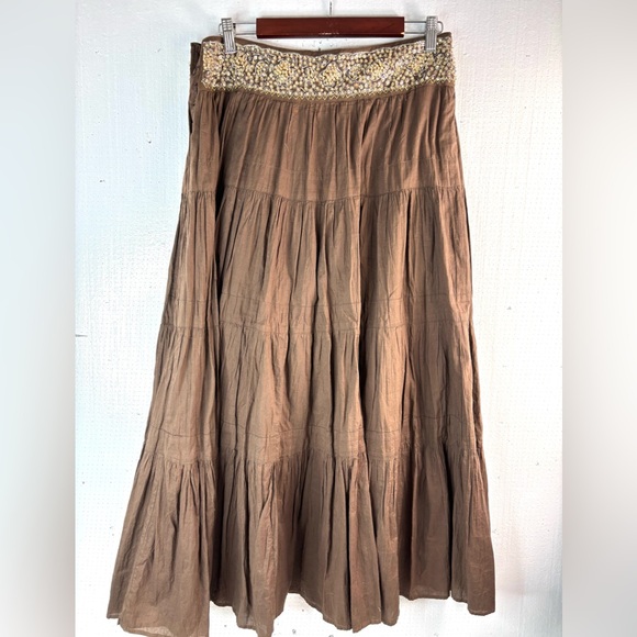 BCBGMaxAzria S Cotton Tiered Brown Embellished Beaded Waist Midi Skirt - Picture 3 of 12